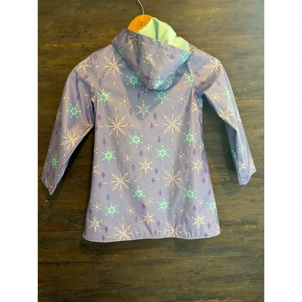 Disney Frozen Elsa Anna Rain Jacket Girls 5/6 Purple Snowflake Hooded Raincoat